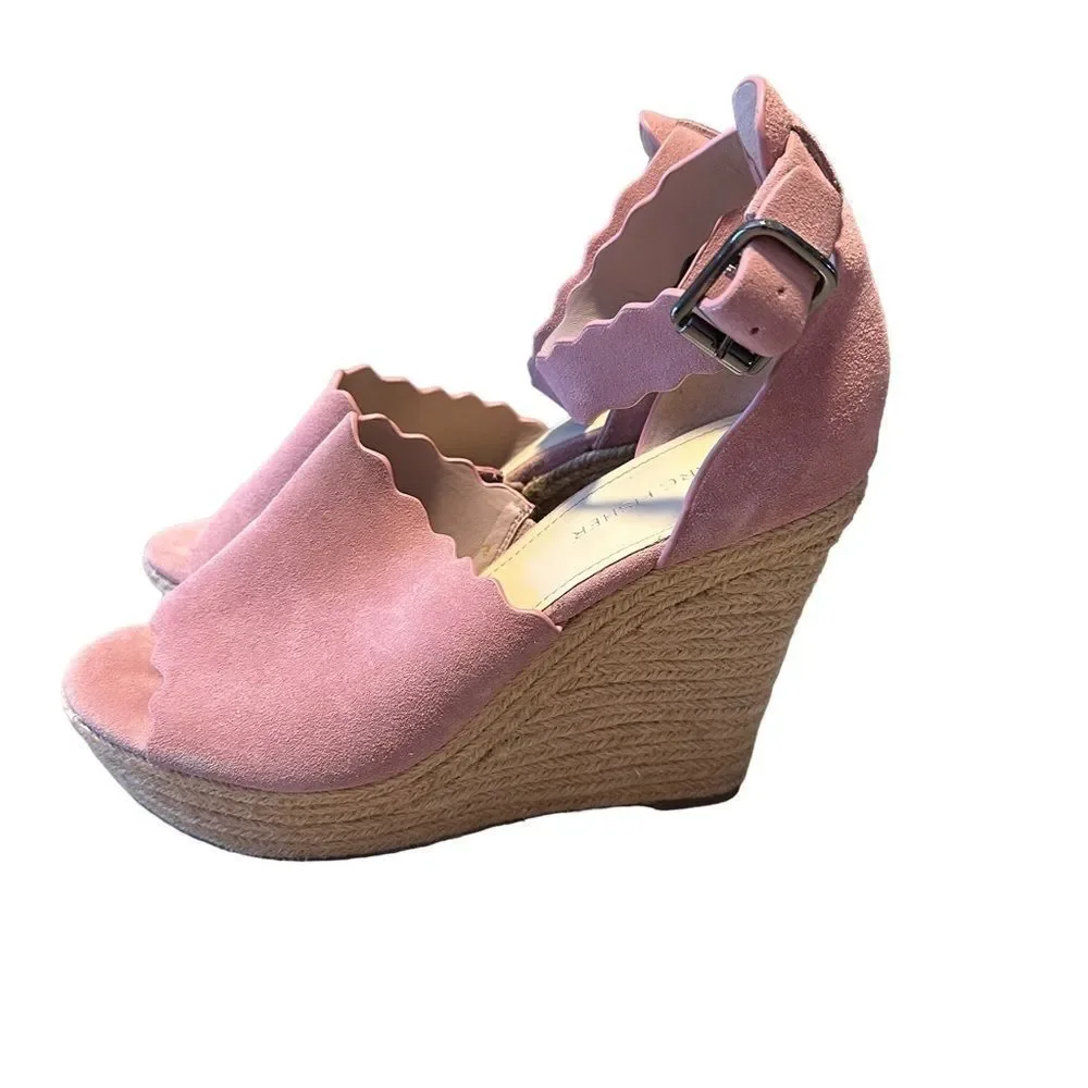 Marc Fisher Pink Haya Scallop‎ Ankle Strap Espadrille Wedge - Size 9.5